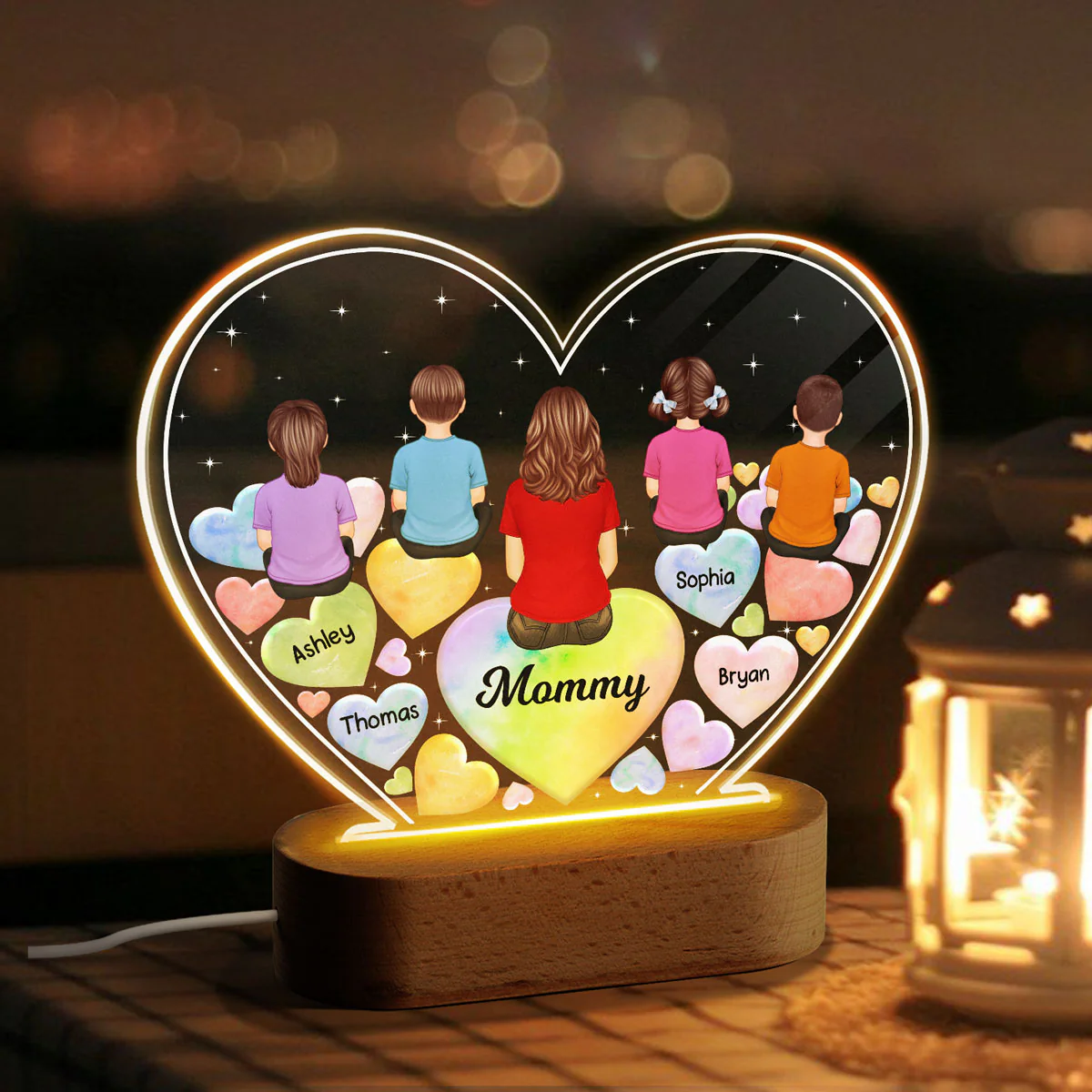 Grandma Mom And Kids Sitting Back View Hearts In Heart Personalized Acrylic Heart LED Night Light - Image 3