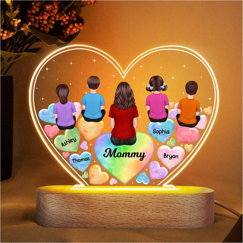 Grandma Mom And Kids Sitting Back View Hearts In Heart Personalized Acrylic Heart LED Night Light - Image 4