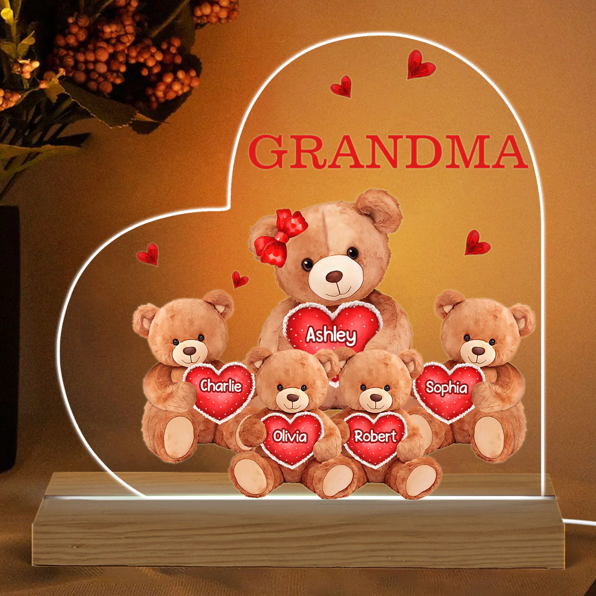 Grandma Mom Auntie Bear Personalized Custom Shape Acrylic Plaque Warm LED Night Light - Image 2