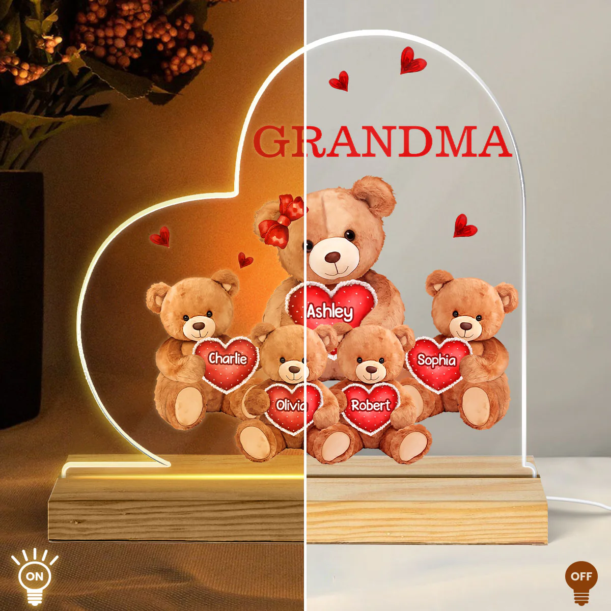 Grandma Mom Auntie Bear Personalized Custom Shape Acrylic Plaque Warm LED Night Light - Image 4