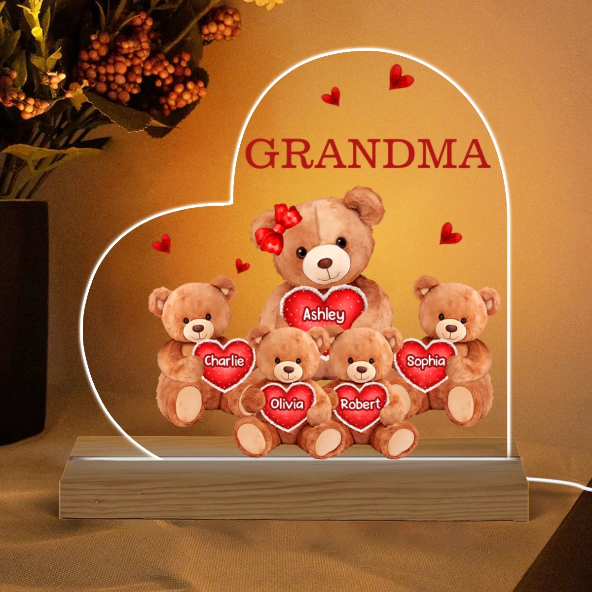 Grandma Mom Auntie Bear Personalized Custom Shape Acrylic Plaque Warm LED Night Light - Image 5