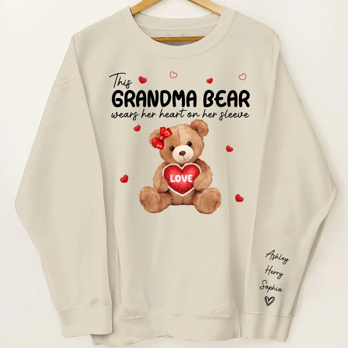 Grandma Mom Auntie Bear Wears Her Heart On Her Sleeve Personalized Sleeve Printed Sweatshirt - Image 10