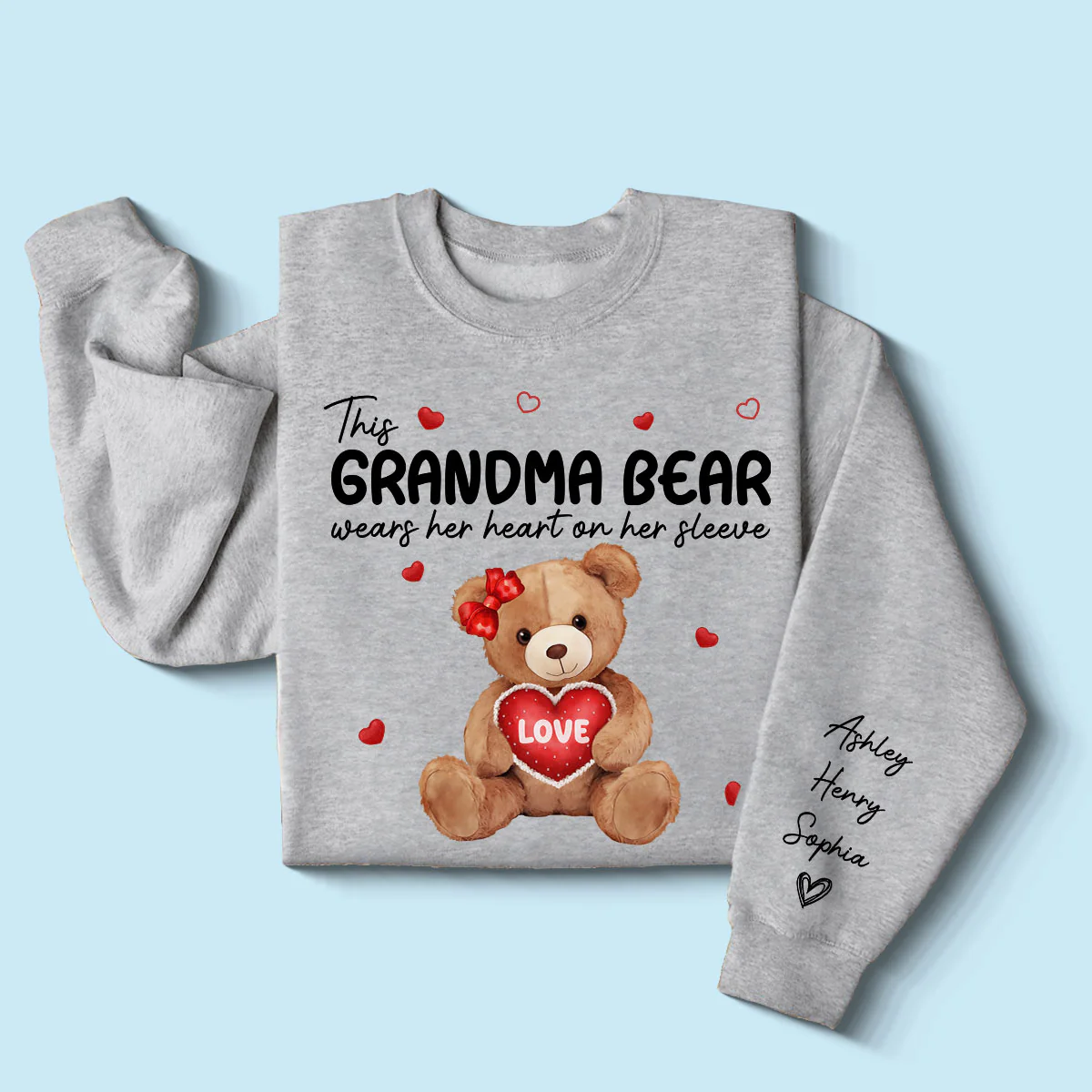 Grandma Mom Auntie Bear Wears Her Heart On Her Sleeve Personalized Sleeve Printed Sweatshirt - Image 3
