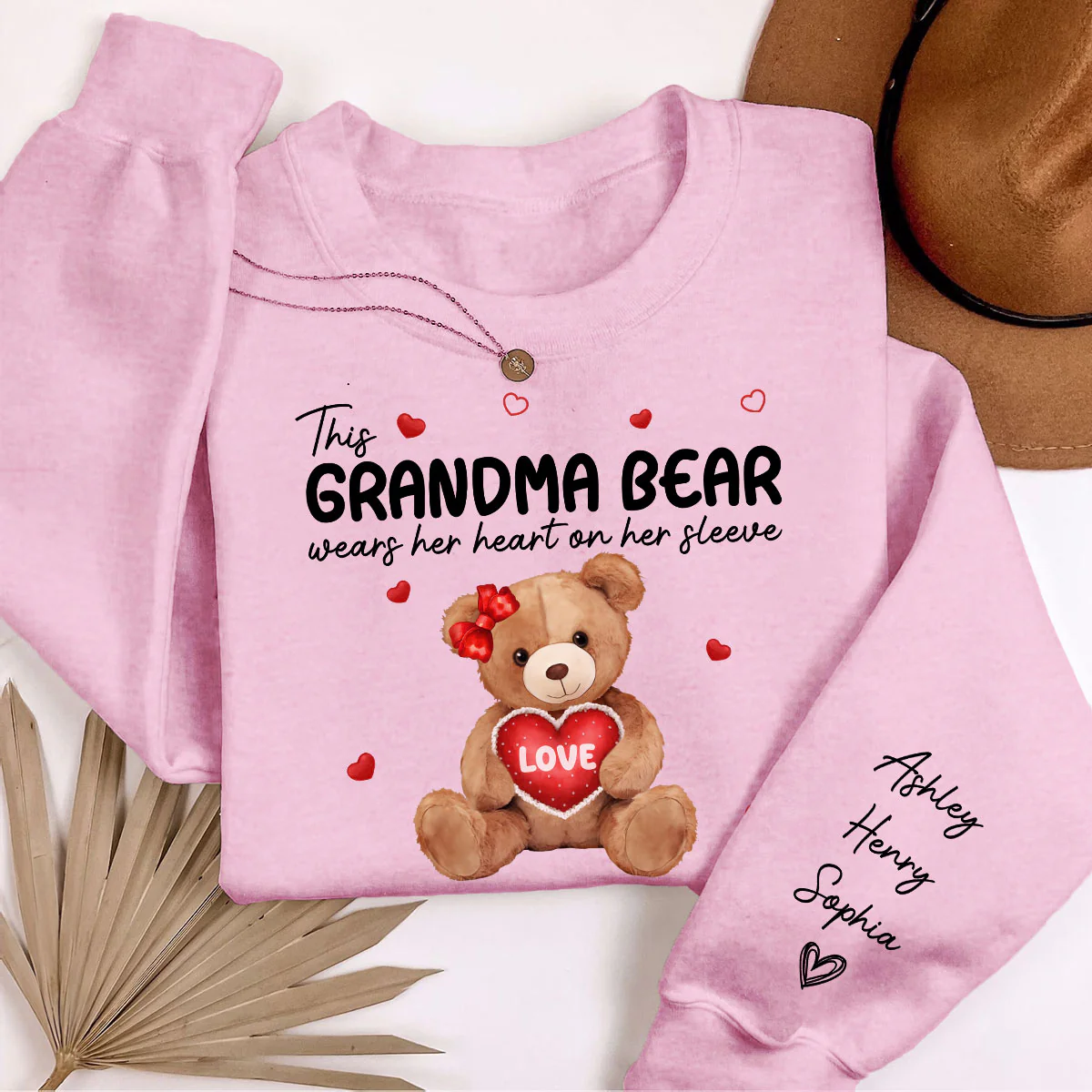 Grandma Mom Auntie Bear Wears Her Heart On Her Sleeve Personalized Sleeve Printed Sweatshirt - Image 4