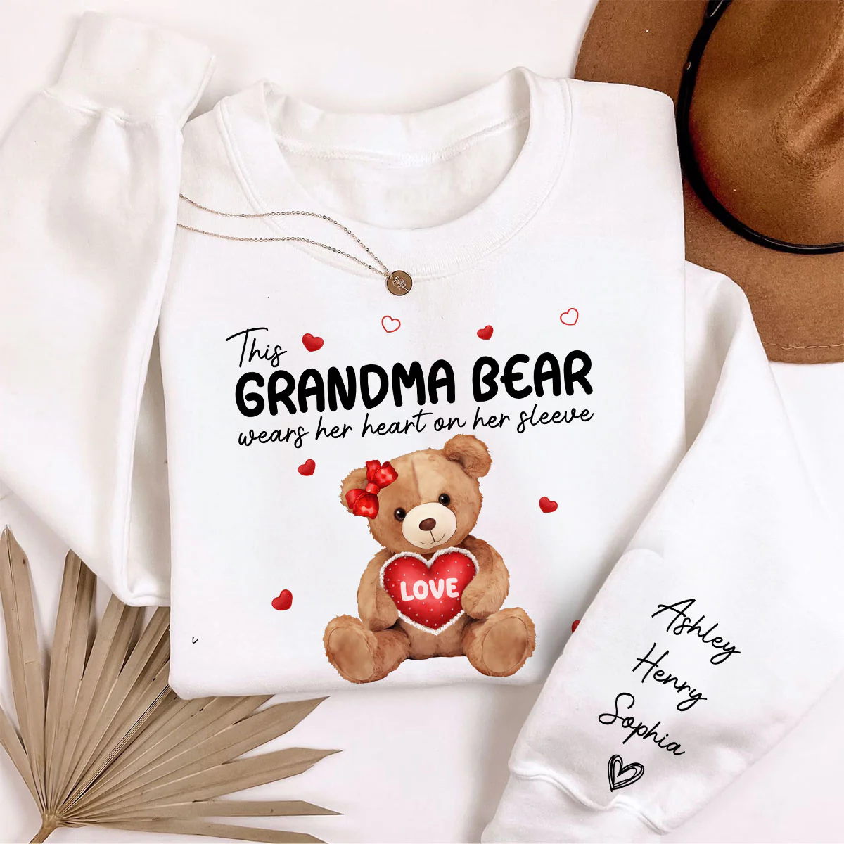 Grandma Mom Auntie Bear Wears Her Heart On Her Sleeve Personalized Sleeve Printed Sweatshirt - Image 5