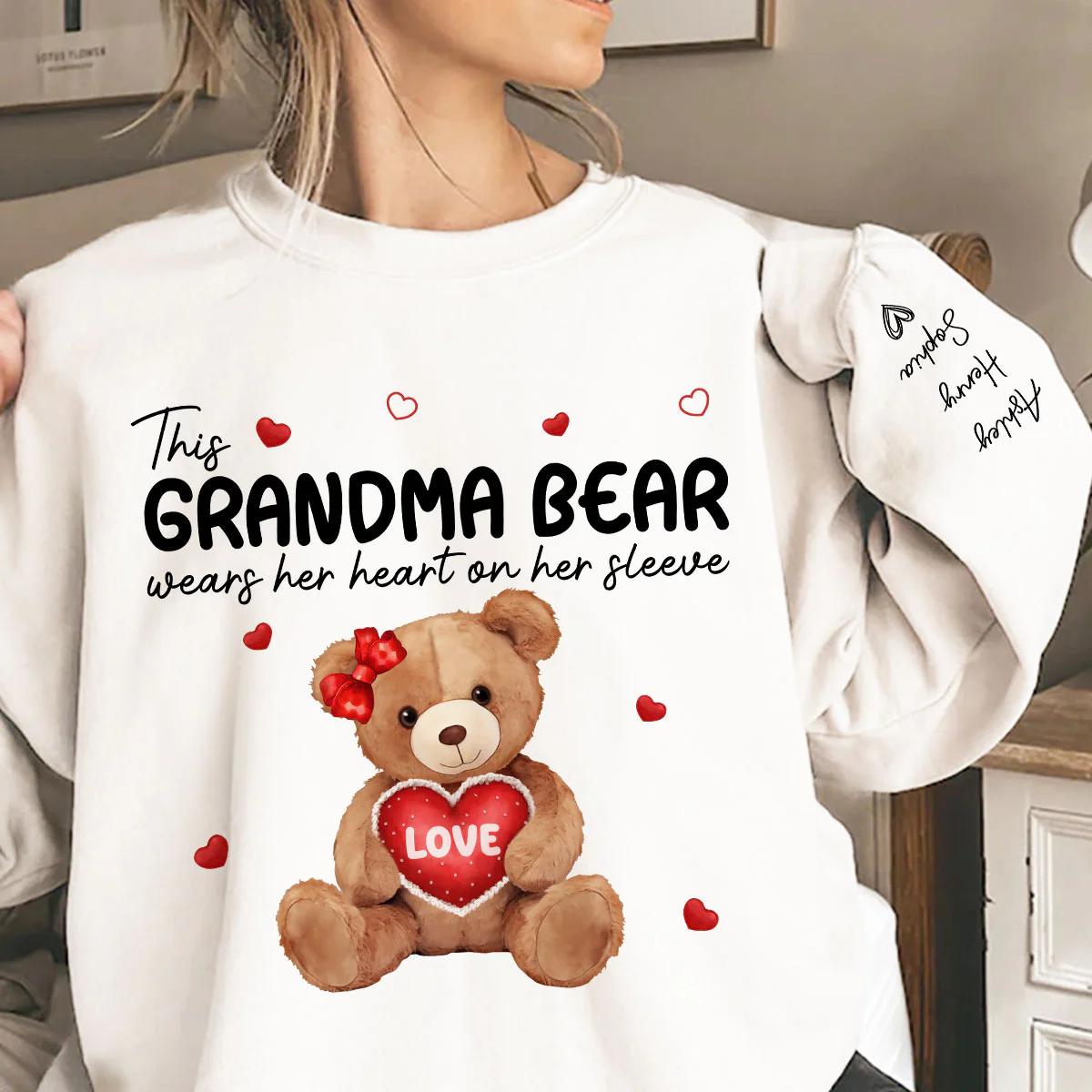 Grandma Mom Auntie Bear Wears Her Heart On Her Sleeve Personalized Sleeve Printed Sweatshirt - Image 6