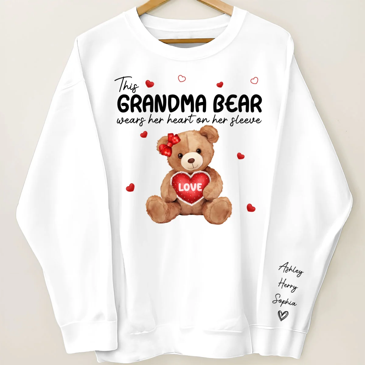 Grandma Mom Auntie Bear Wears Her Heart On Her Sleeve Personalized Sleeve Printed Sweatshirt - Image 7