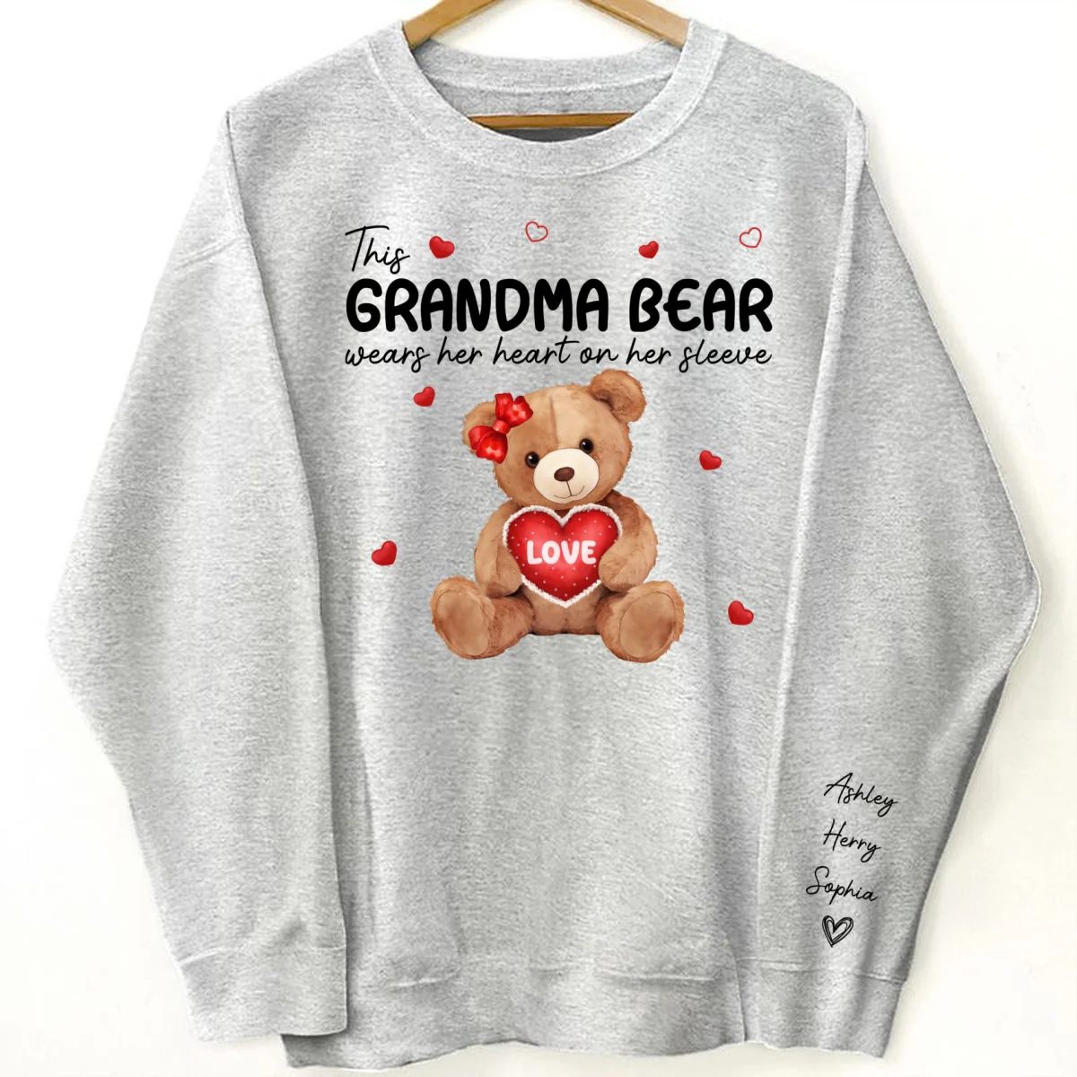 Grandma Mom Auntie Bear Wears Her Heart On Her Sleeve Personalized Sleeve Printed Sweatshirt - Image 8