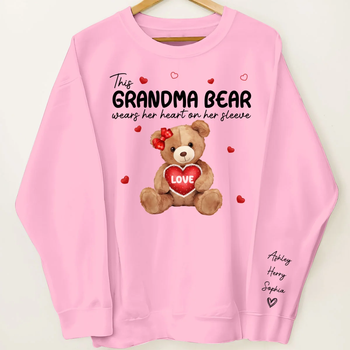 Grandma Mom Auntie Bear Wears Her Heart On Her Sleeve Personalized Sleeve Printed Sweatshirt - Image 9