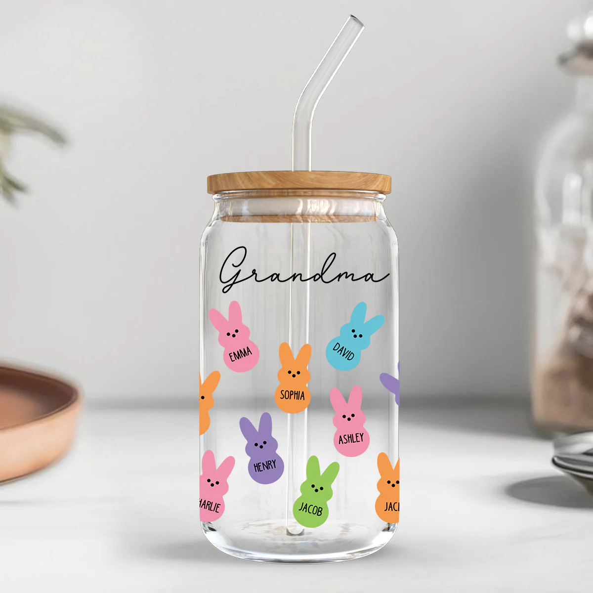Grandma Mom Auntie Bunnies Easter Gift Personalized Clear Glass Can - Image 3