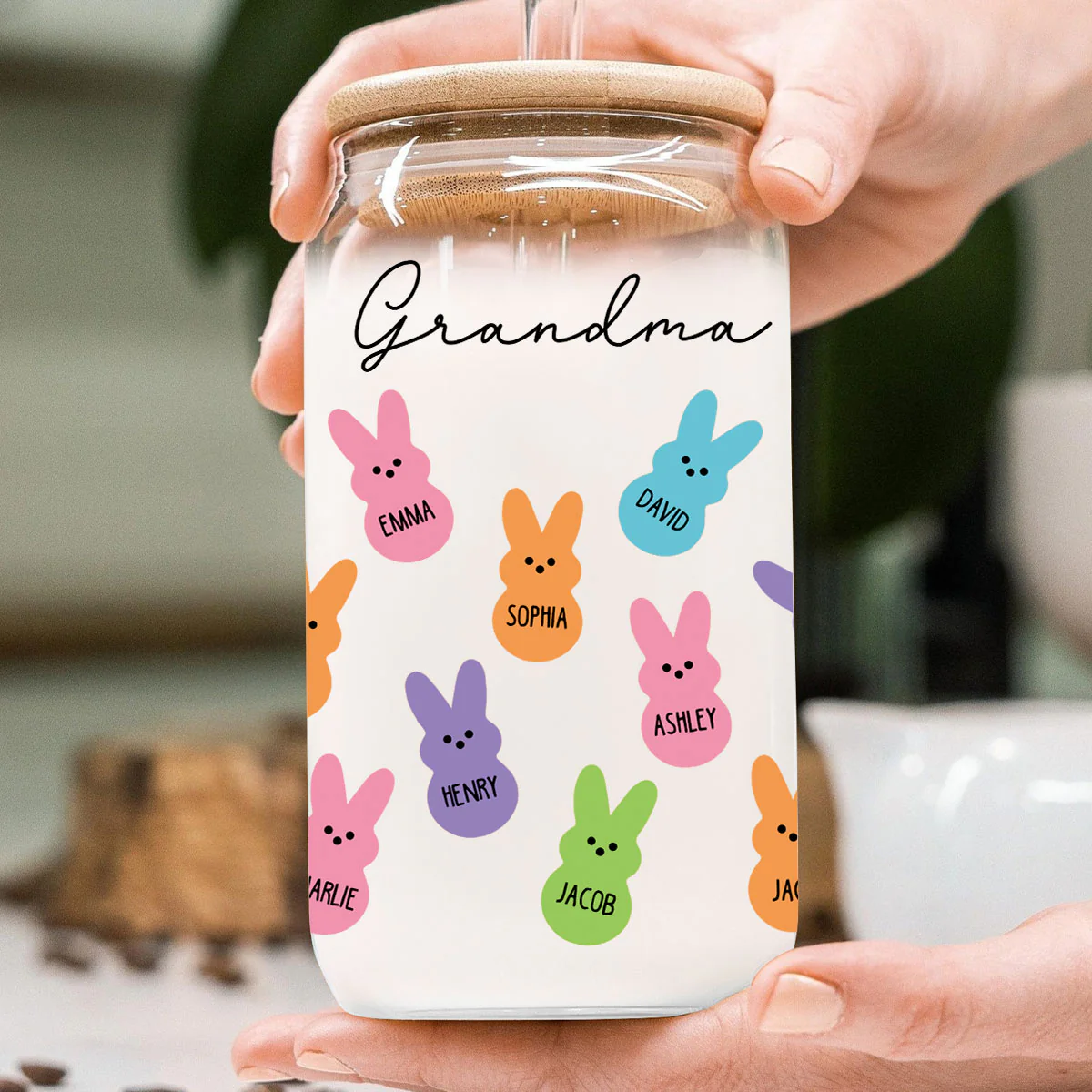 Grandma Mom Auntie Bunnies Easter Gift Personalized Clear Glass Can - Image 4