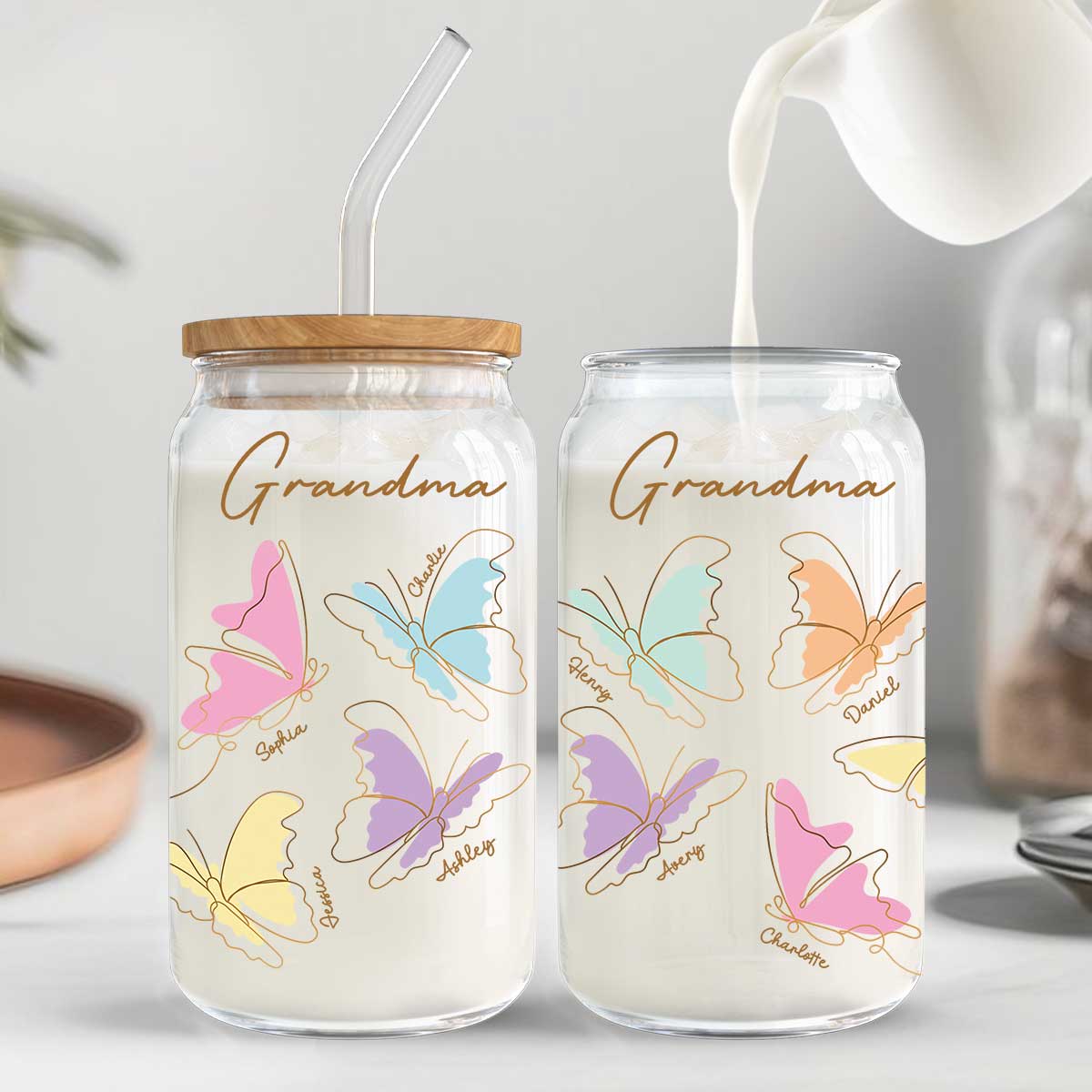 Grandma Mom Auntie Butterflies Kids Names Personalized Clear Glass Can - Image 4