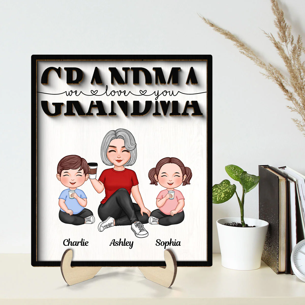Grandma Mom Auntie Kids Sitting We Love You Mother‘s Day Gift Personalized 2-Layer Wooden Plaque - Image 2