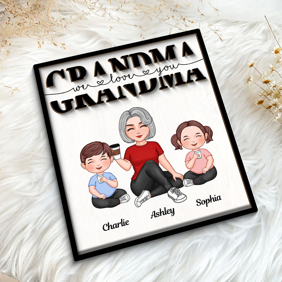 Grandma Mom Auntie Kids Sitting We Love You Mother‘s Day Gift Personalized 2-Layer Wooden Plaque - Image 5