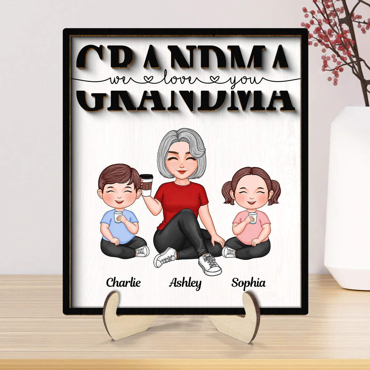 Grandma Mom Auntie Kids Sitting We Love You Mother‘s Day Gift Personalized 2-Layer Wooden Plaque - Image 7