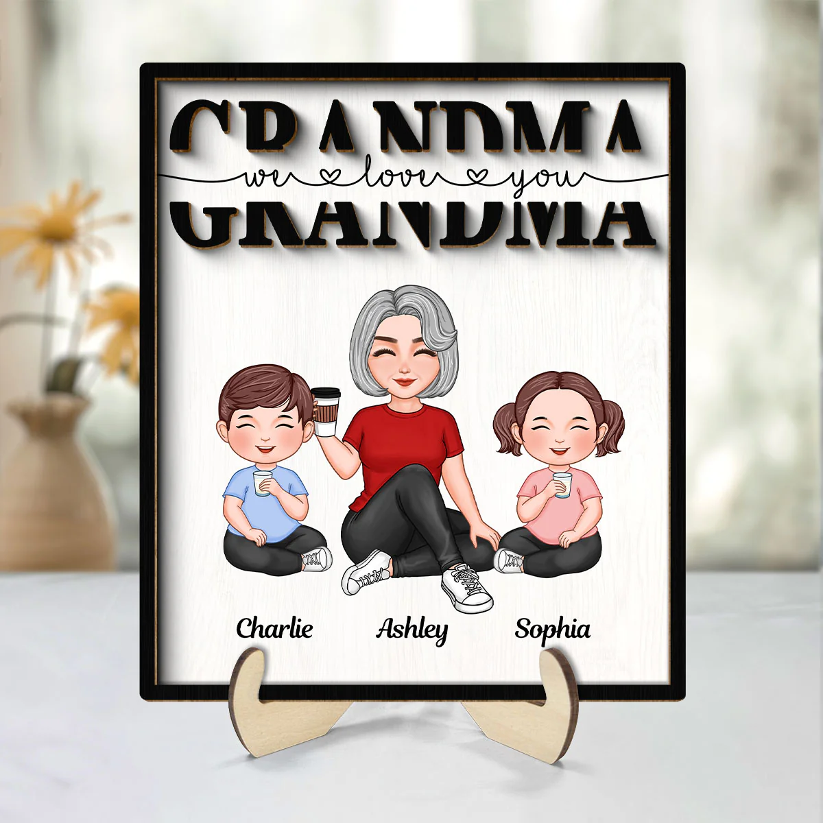 Grandma Mom Auntie Kids Sitting We Love You Mother‘s Day Gift Personalized 2-Layer Wooden Plaque - Image 8