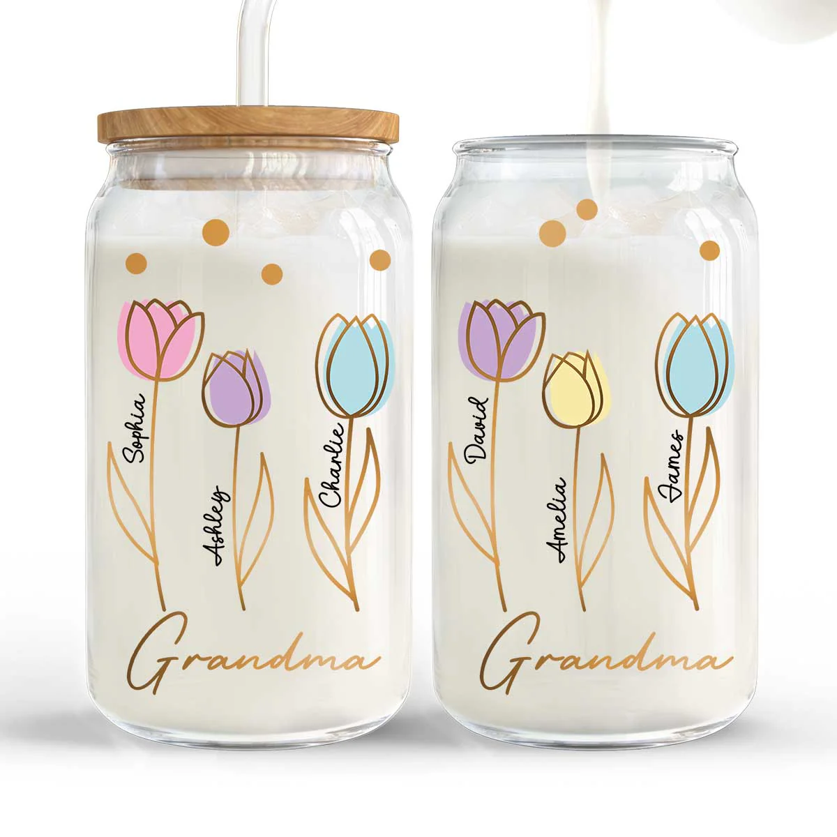 Grandma Mom Auntie Tulip Flowers Kids Names Personalized Clear Glass Can