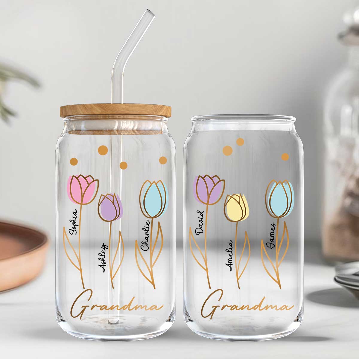 Grandma Mom Auntie Tulip Flowers Kids Names Personalized Clear Glass Can - Image 2