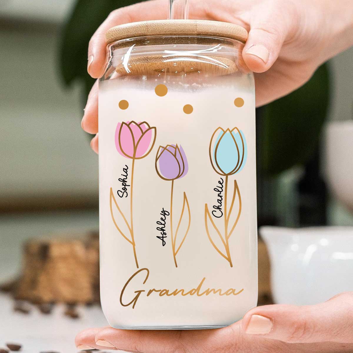 Grandma Mom Auntie Tulip Flowers Kids Names Personalized Clear Glass Can - Image 3