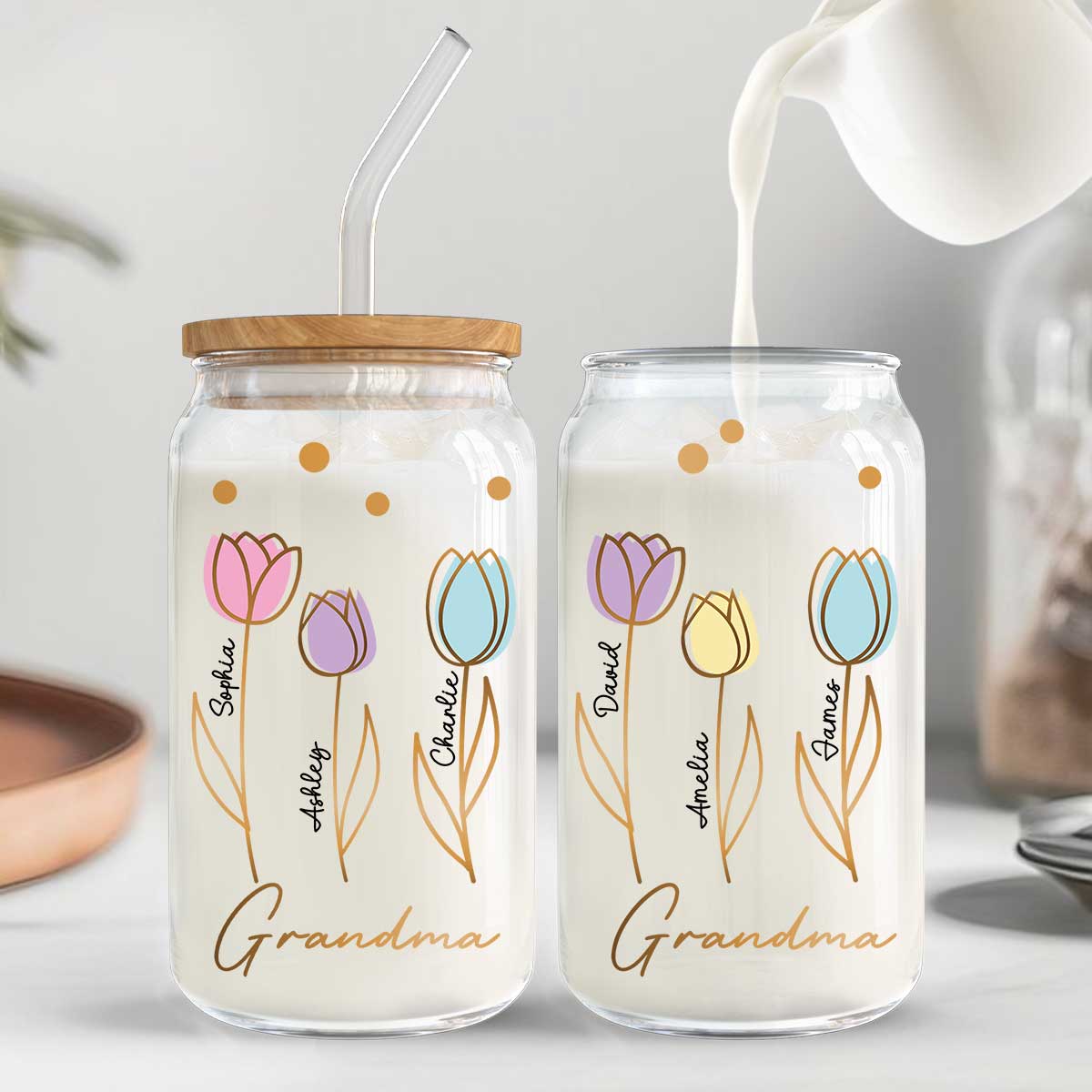 Grandma Mom Auntie Tulip Flowers Kids Names Personalized Clear Glass Can - Image 4
