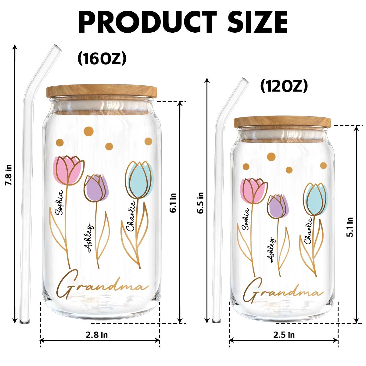 Grandma Mom Auntie Tulip Flowers Kids Names Personalized Clear Glass Can - Image 5