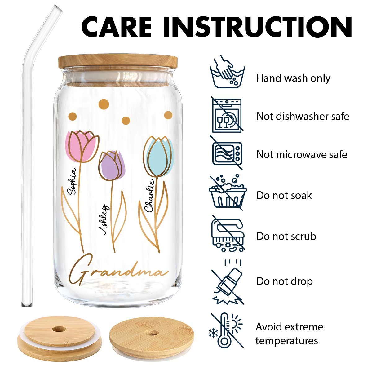 Grandma Mom Auntie Tulip Flowers Kids Names Personalized Clear Glass Can - Image 6