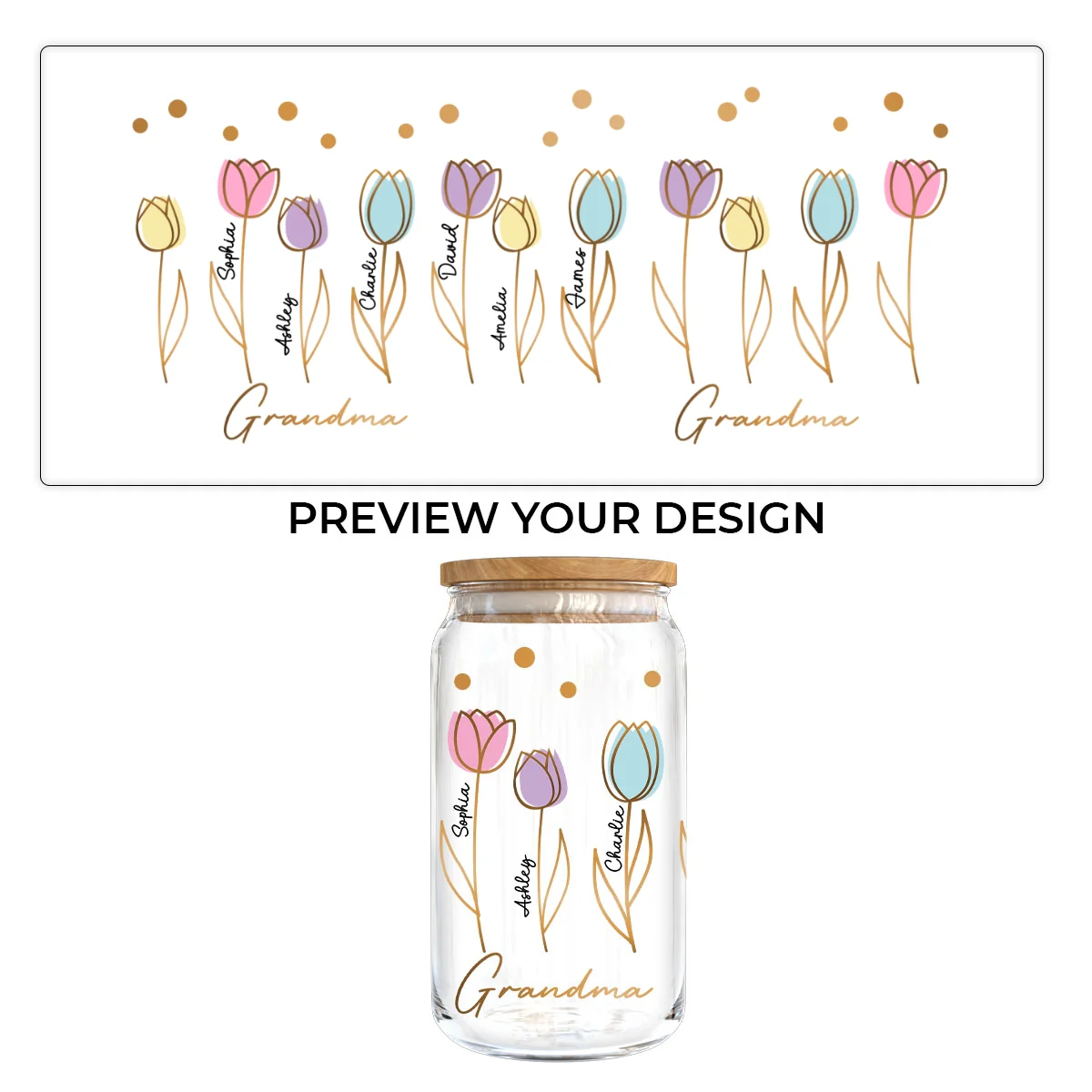 Grandma Mom Auntie Tulip Flowers Kids Names Personalized Clear Glass Can - Image 7
