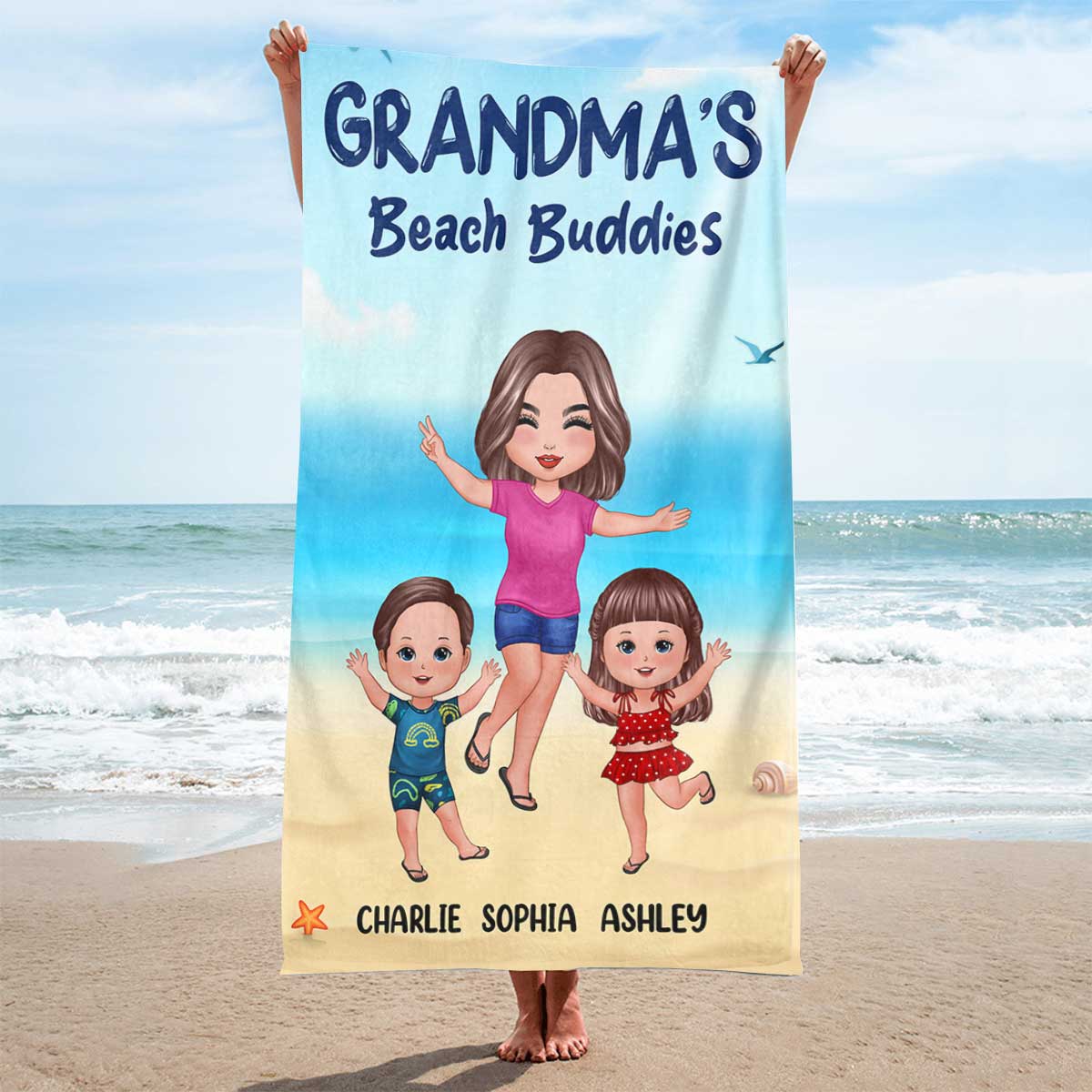 Grandma Mom Beach Buddies Happy Doll Grandma Mom And Kids On The Beach Personalized Beach Towel - Image 2