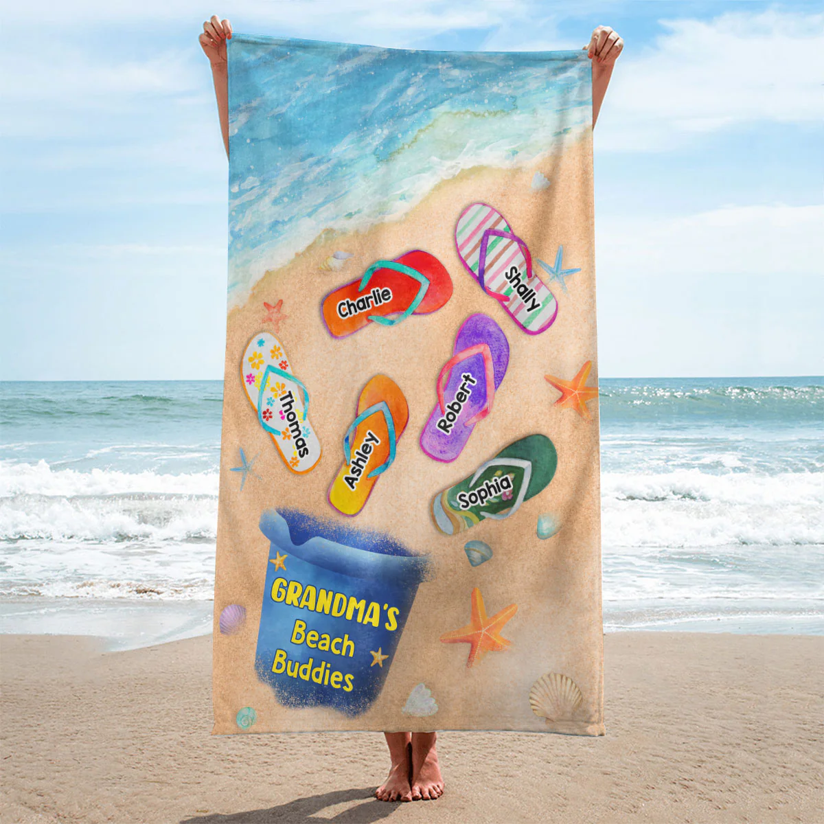 Grandma Mom Beach Buddies Summer Flip Flops Personalized Beach Towel - Image 2