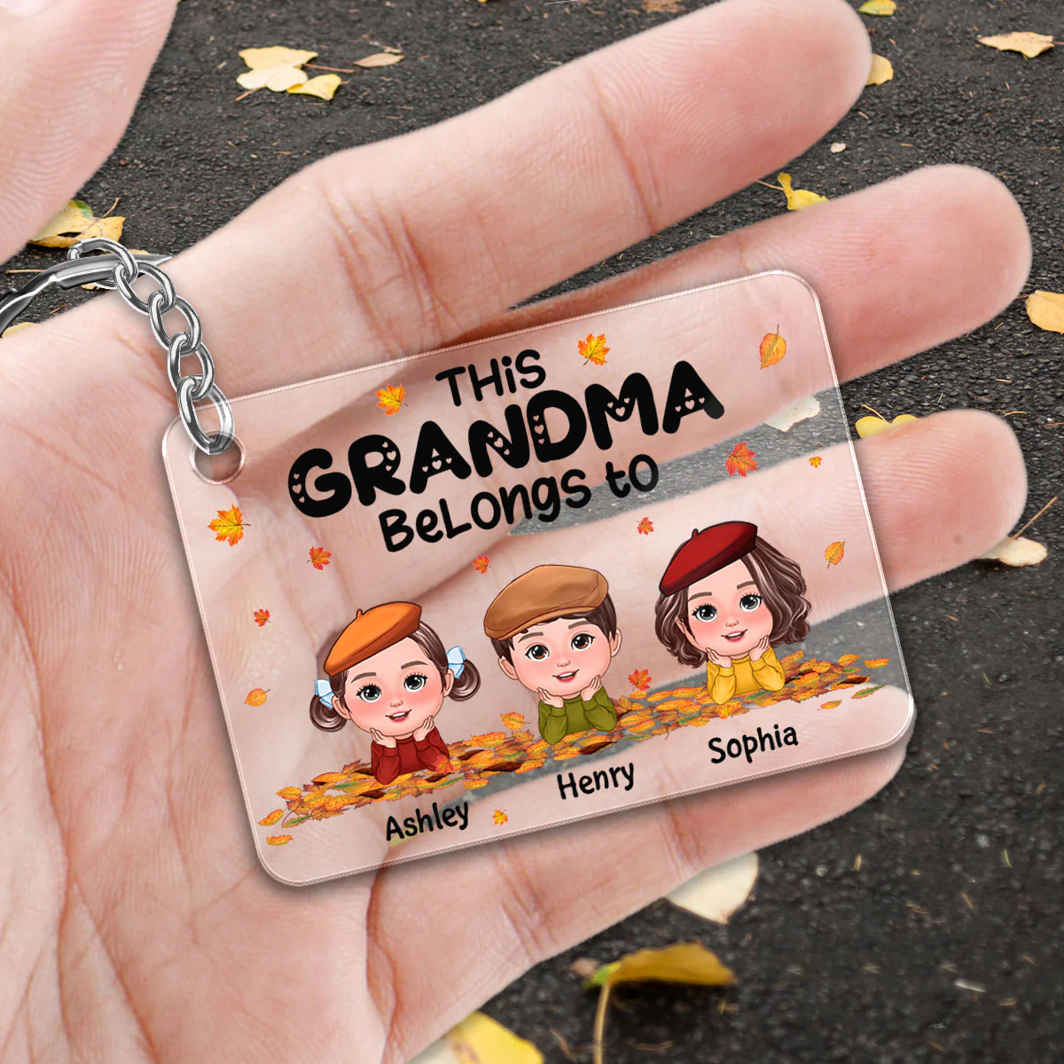 Grandma Mom Belongs To Fall Season Kids Laying On Leaves Personalized Acrylic Keychain - Image 2