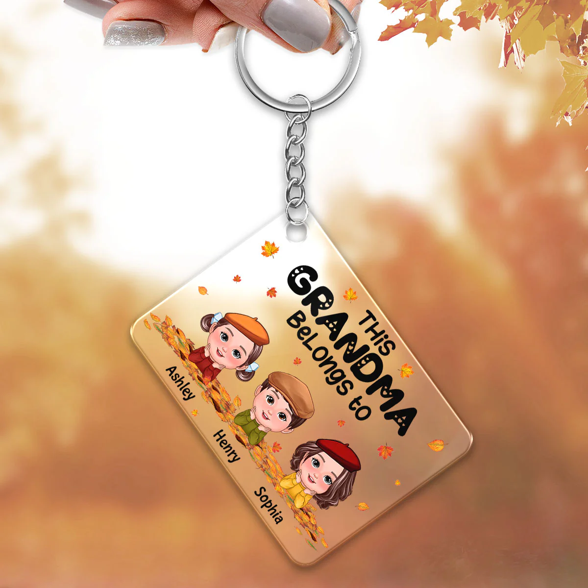 Grandma Mom Belongs To Fall Season Kids Laying On Leaves Personalized Acrylic Keychain - Image 3