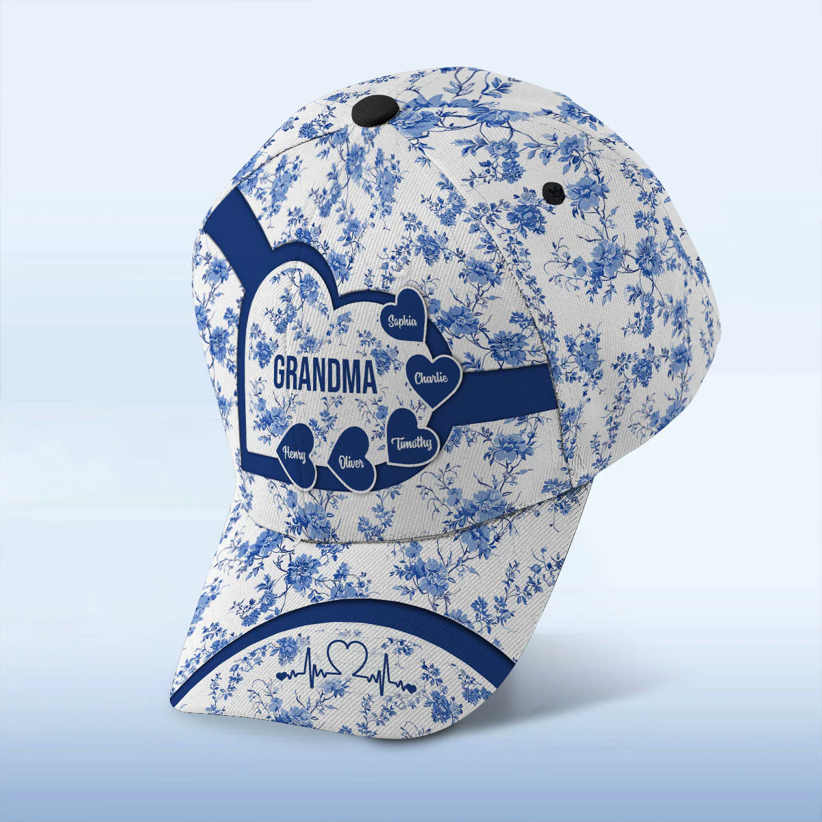 Grandma Mom Blue Heart Floral Chinoiserie Patterned Personalized Cap, Mother's Day gift for Mom, Grandma - Image 6