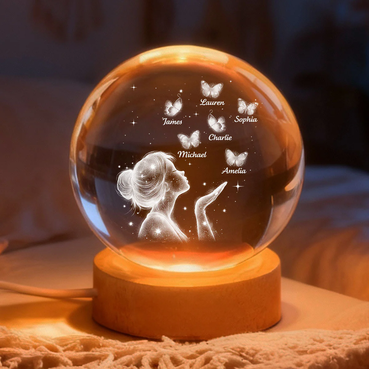 Grandma Mom Butterflies Kiss - Personalized Crystal Ball LED Night Light - Sentimental Gift for Grandma, Mom - Image 2