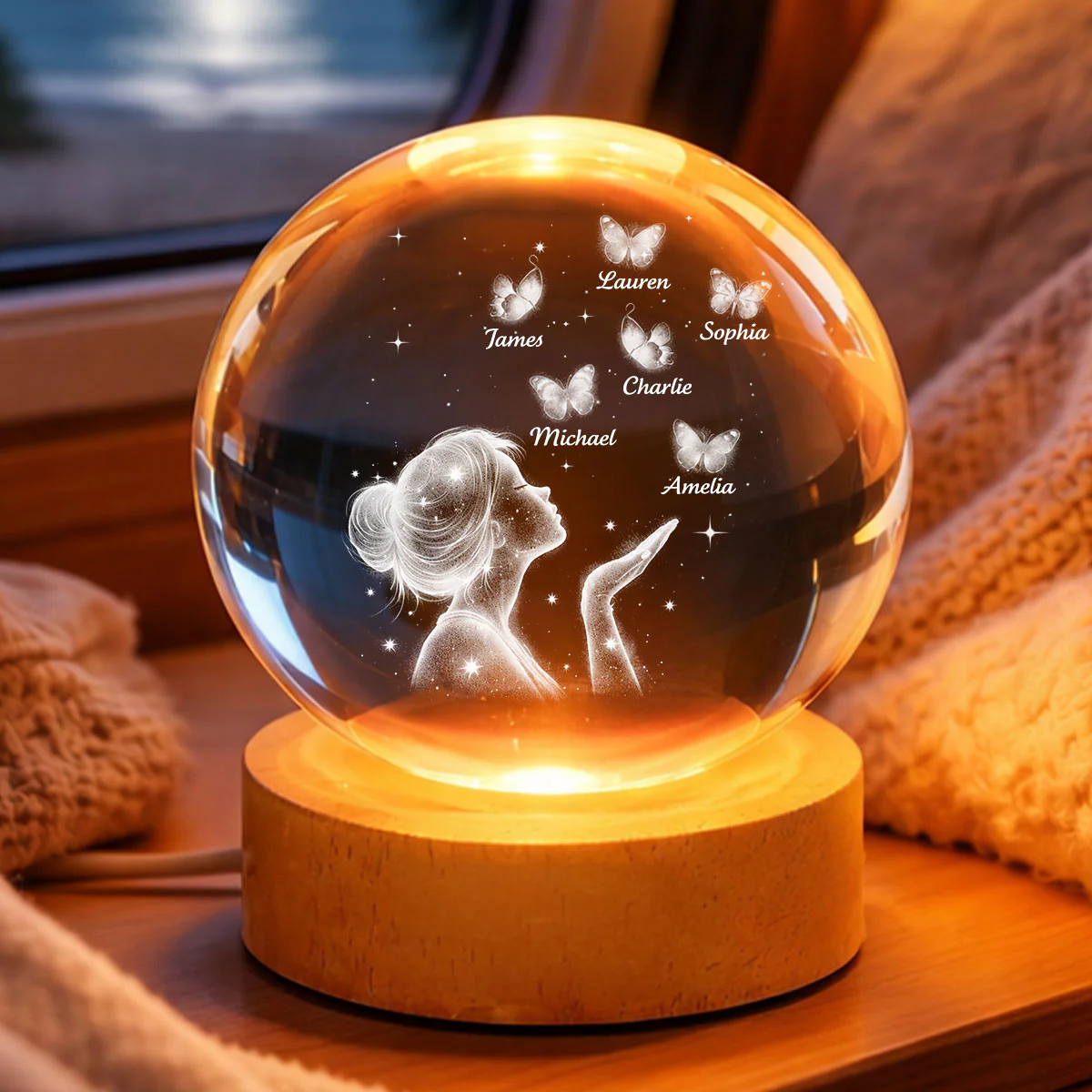 Grandma Mom Butterflies Kiss - Personalized Crystal Ball LED Night Light - Sentimental Gift for Grandma, Mom - Image 3