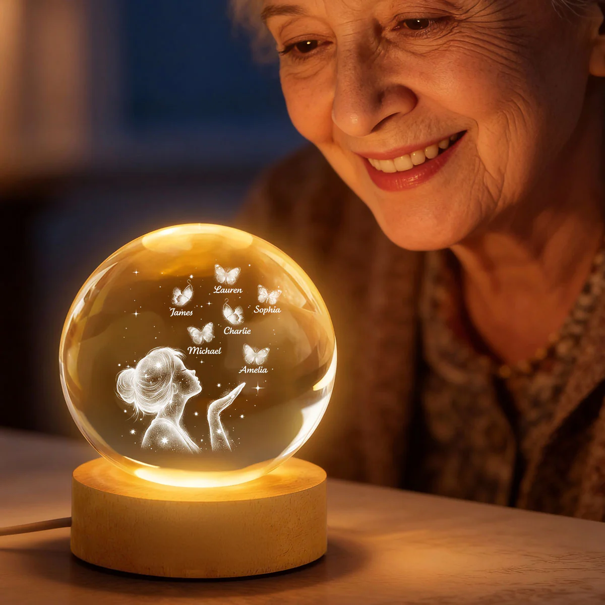 Grandma Mom Butterflies Kiss - Personalized Crystal Ball LED Night Light - Sentimental Gift for Grandma, Mom - Image 4
