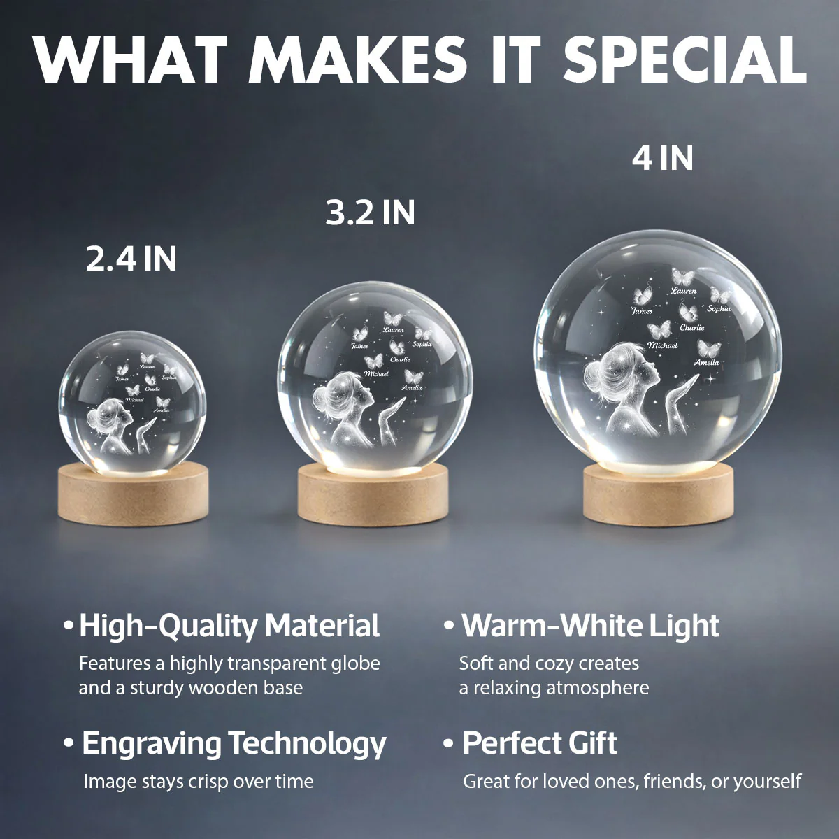 Grandma Mom Butterflies Kiss - Personalized Crystal Ball LED Night Light - Sentimental Gift for Grandma, Mom - Image 8