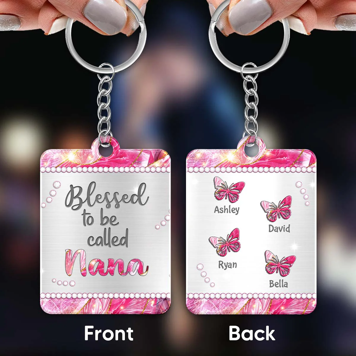 Grandma Mom Butterflies Metal Pattern Personalized Acrylic Keychain - Image 2