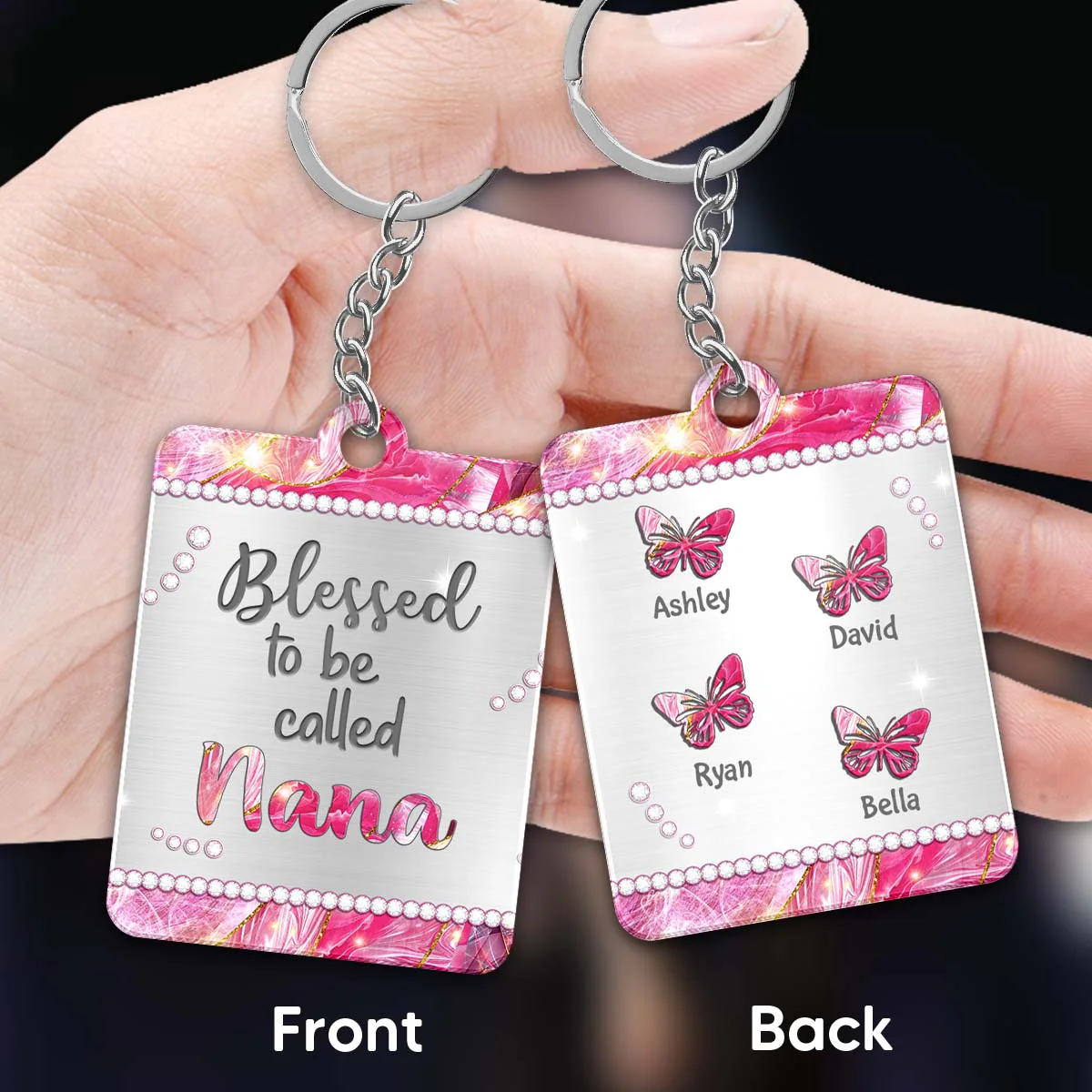 Grandma Mom Butterflies Metal Pattern Personalized Acrylic Keychain - Image 3