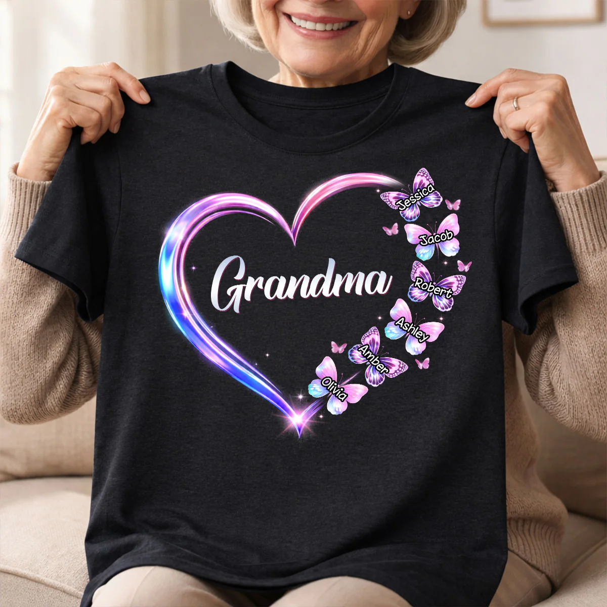 Grandma Mom Butterfly Heart with Kids' Names - Personalized Shirt - Sentimental Gift for Grandma, Mom - Image 2