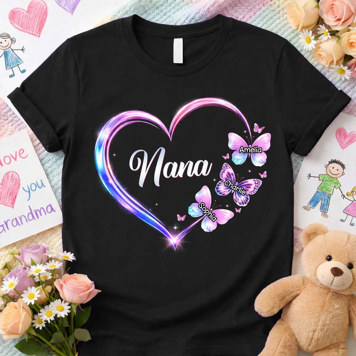Grandma Mom Butterfly Heart with Kids' Names - Personalized Shirt - Sentimental Gift for Grandma, Mom - Image 7