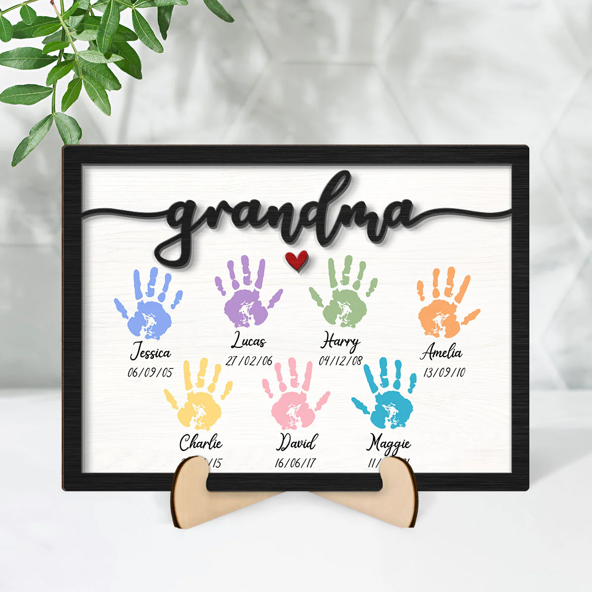 Grandma Mom Colorful Handprints Personalized 2-layer Wooden Plaque - Image 2