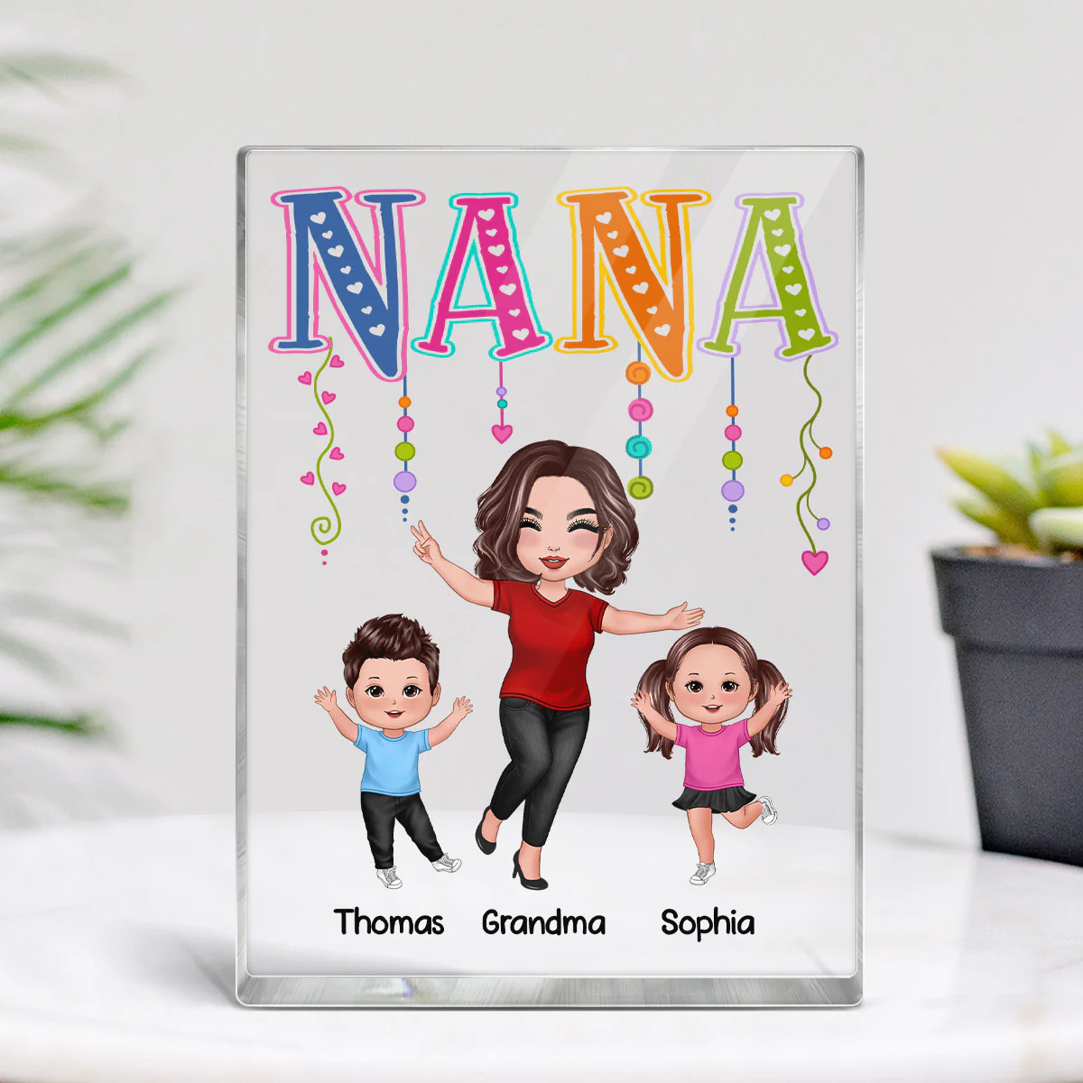 Grandma Mom Colorful String Happy Woman & Kids Personalized Vertical Rectangle Acrylic Block Plaque