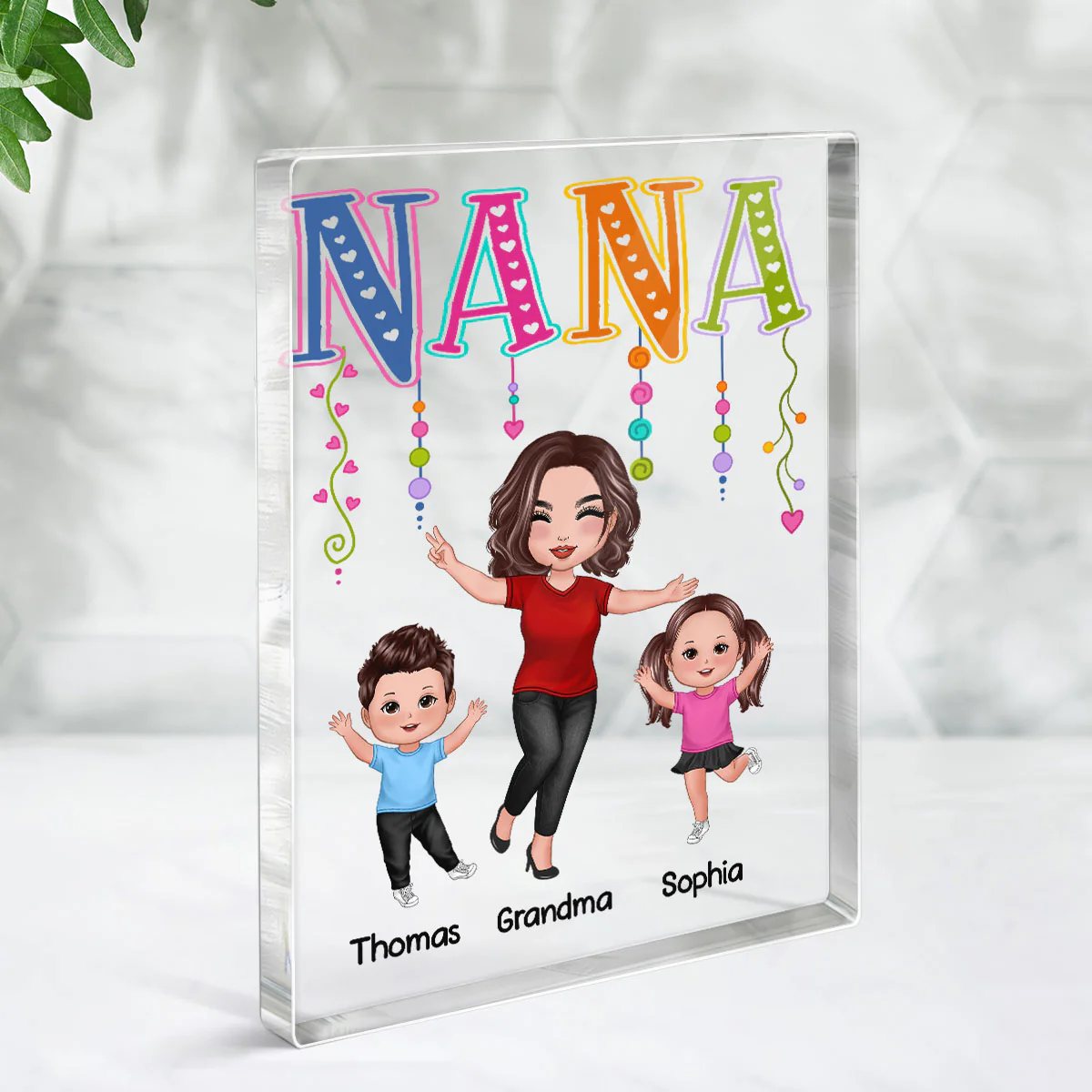 Grandma Mom Colorful String Happy Woman & Kids Personalized Vertical Rectangle Acrylic Block Plaque - Image 3