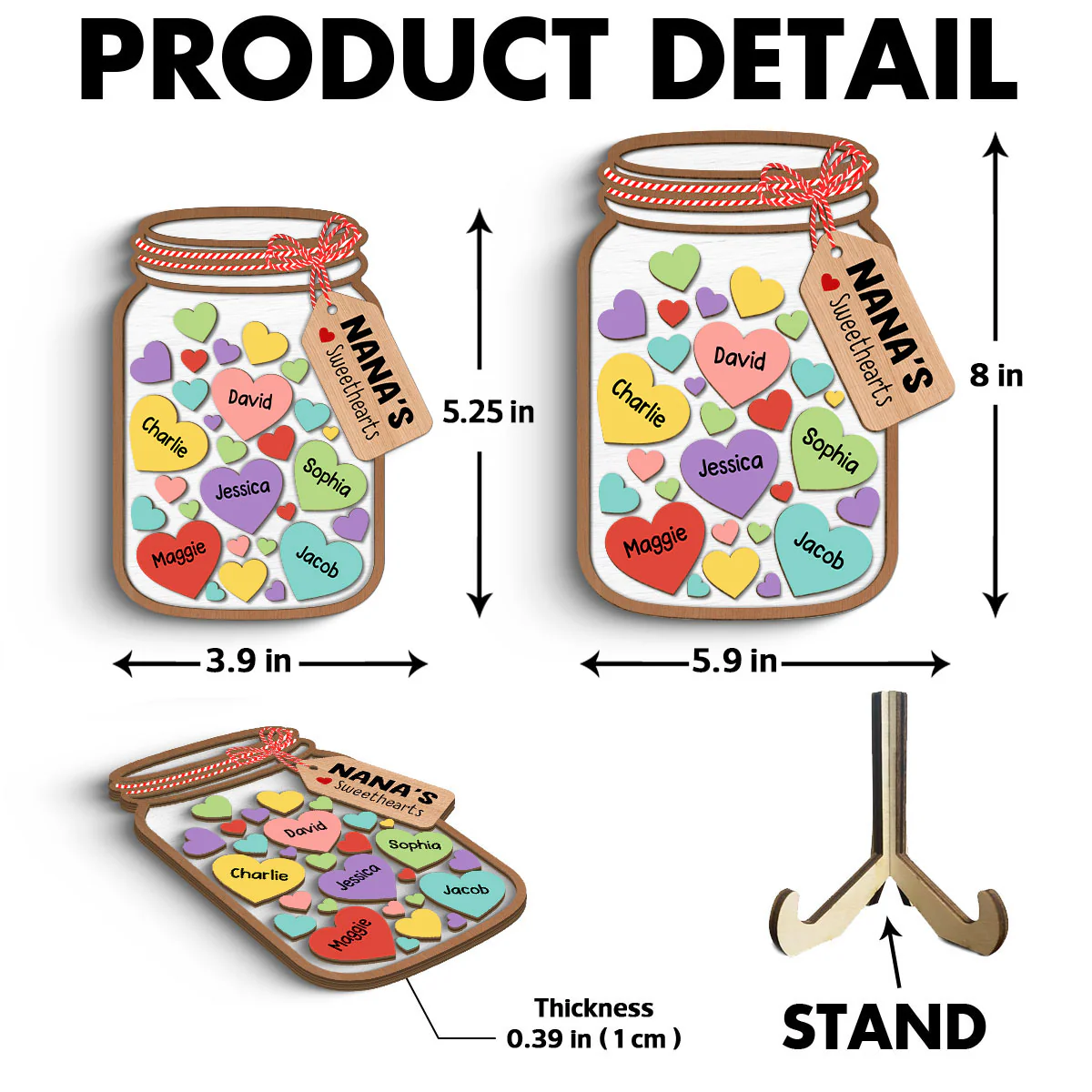 Grandma Mom Colorful Sweethearts Mason Jar Personalized 2-layer Wooden Plaque - Image 6