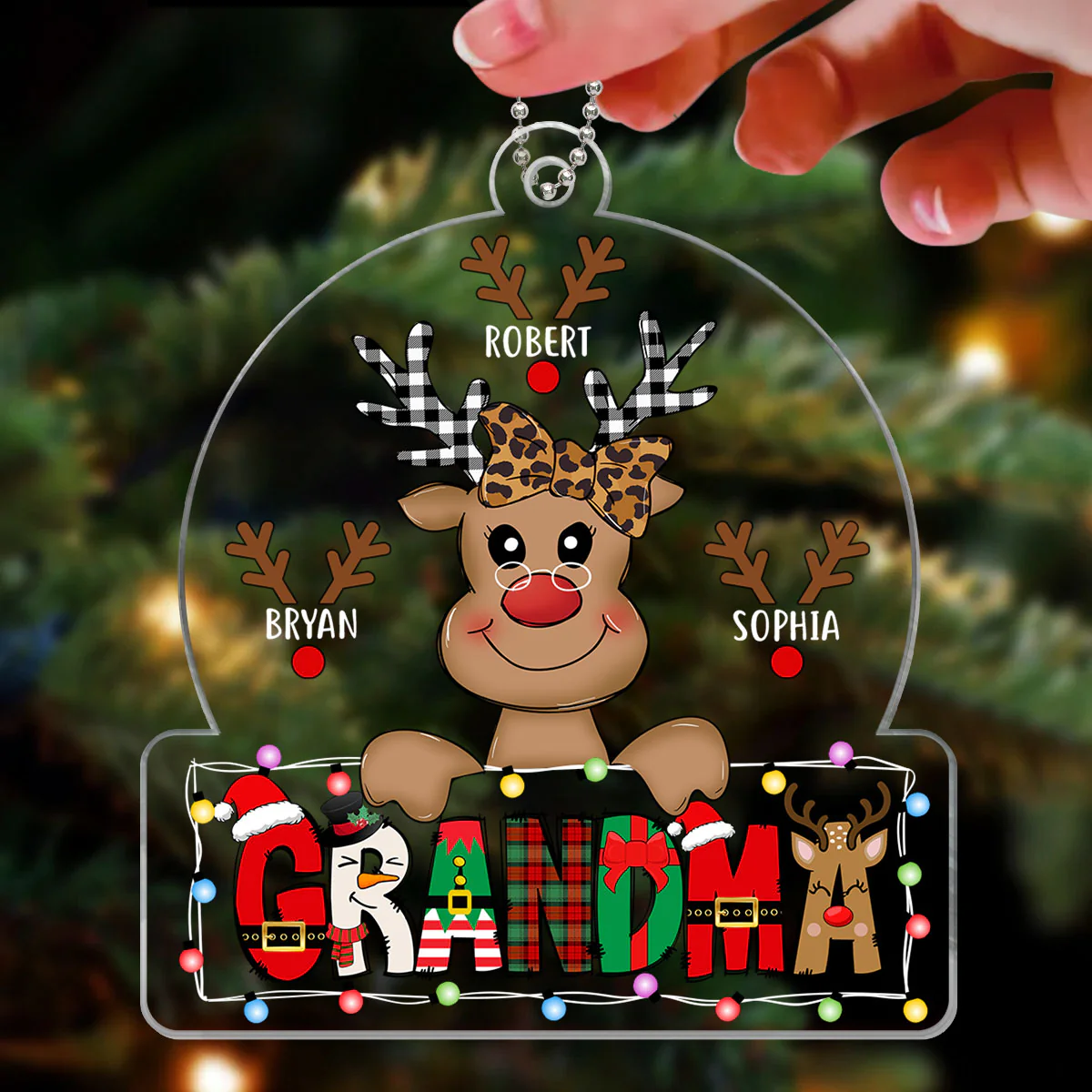 Grandma Mom Cute Reindeer Christmas Patterned Personalized Acrylic Ornament - Image 3