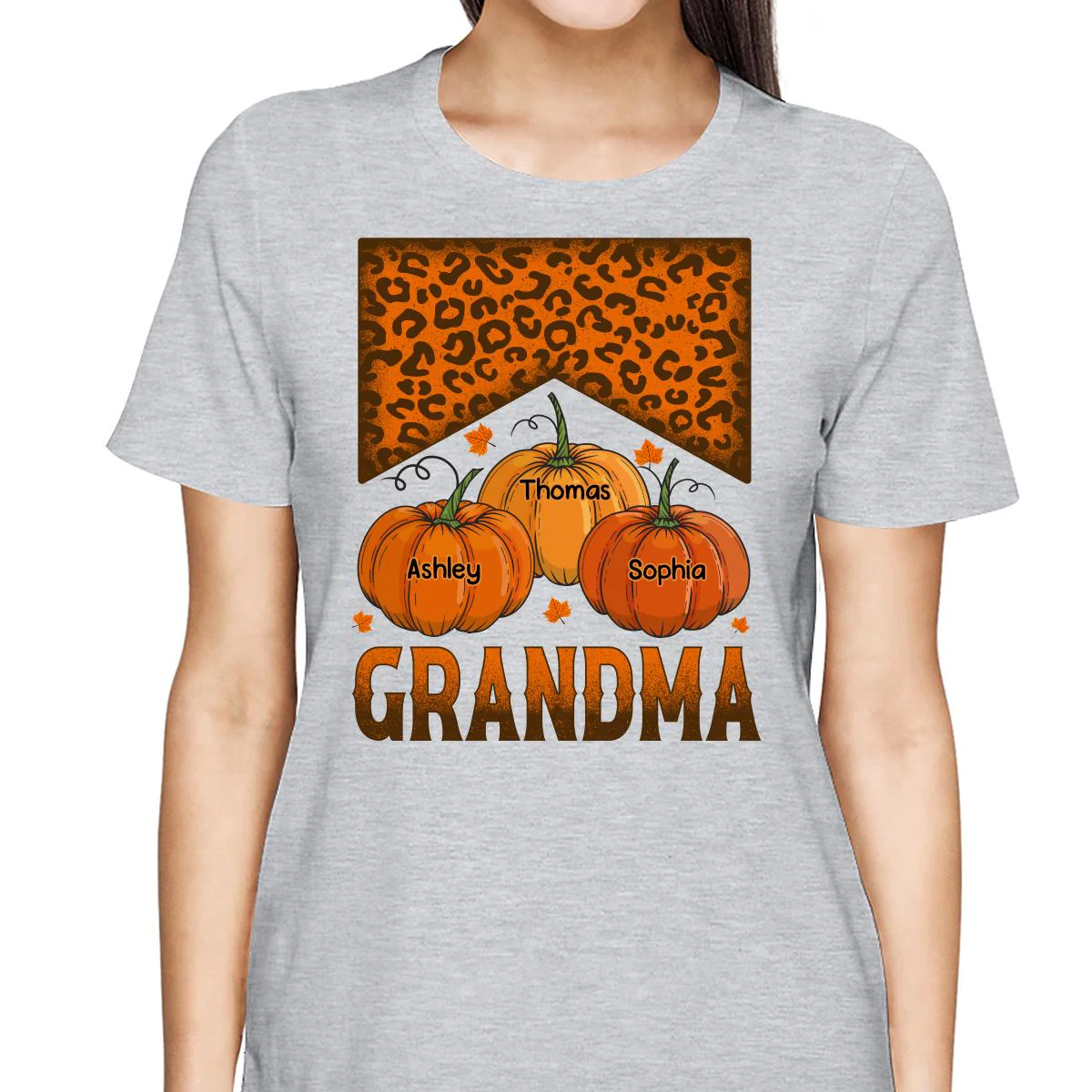 Grandma Mom Fall Season Leopard Pumpkins Personalized Shirt - Image 2