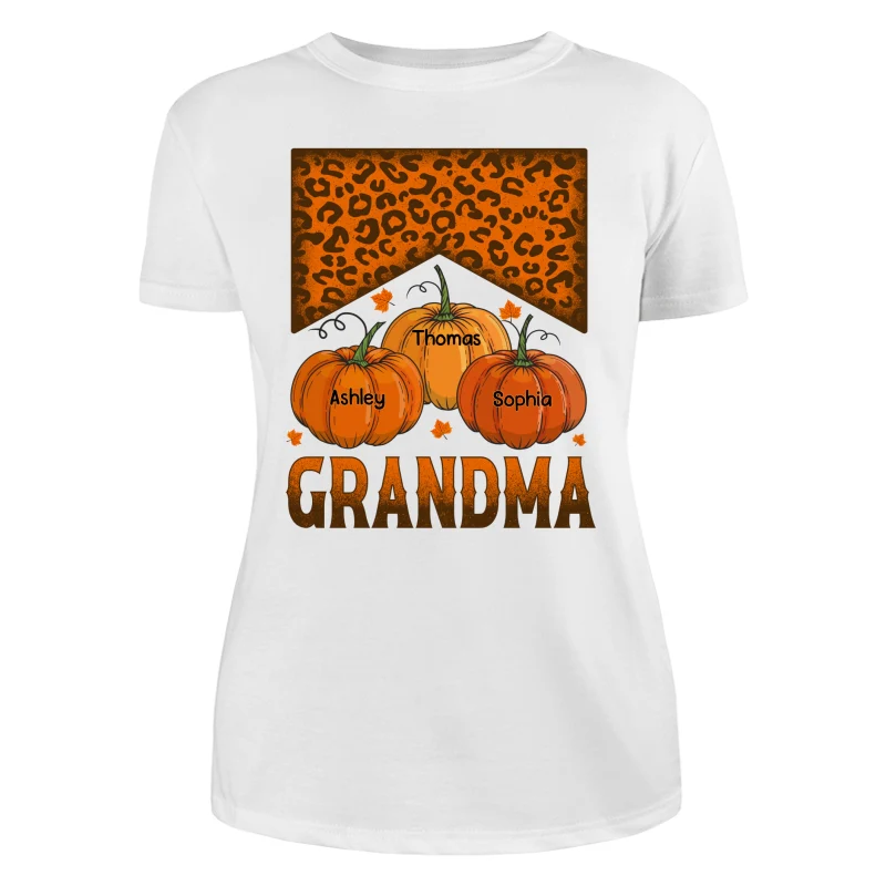 Grandma Mom Fall Season Leopard Pumpkins Personalized Shirt - Image 9