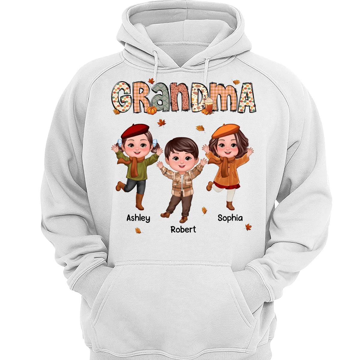 Grandma Mom Fall Season Pattern Happy Doll Kids Personalized Shirt - Image 3
