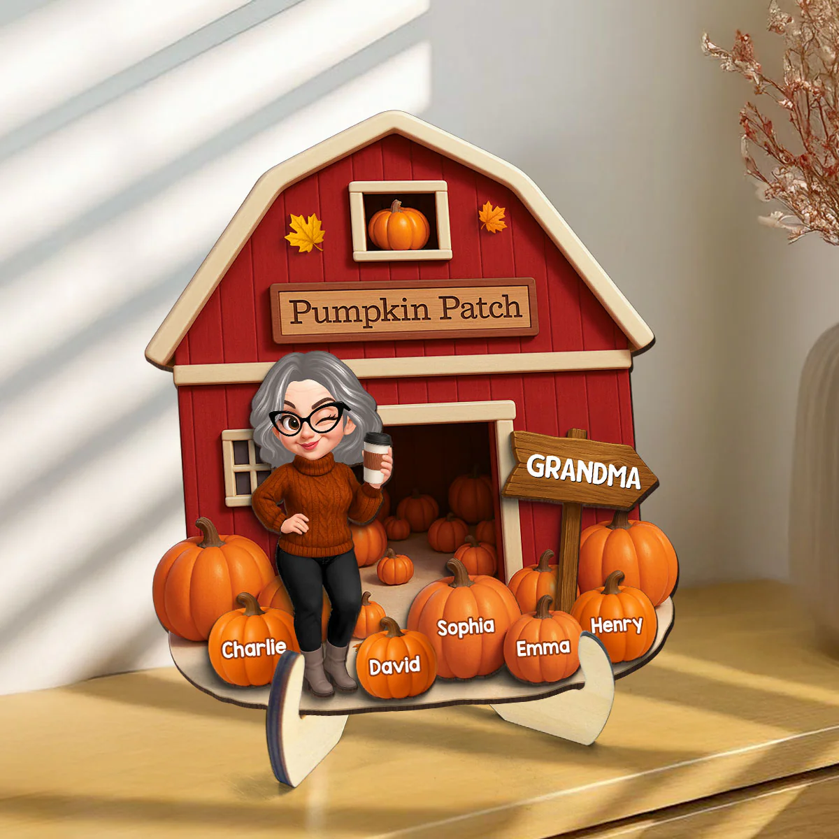 Grandma Mom Fall Season Pumpkin Patch Farm Barn Personalized 2-Layer Wooden Plaque - Image 3
