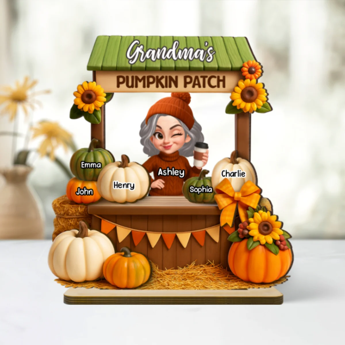 Grandma Mom Fall Season Pumpkin Stand 3D Effect Personalized Wooden Plaque - Image 10